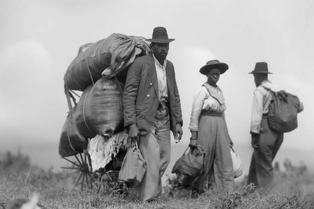 Escena con personas afroamericanas moviéndose en el área rural en los viejos tiempos