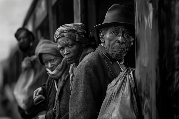 Foto gratuita escena con personas afroamericanas moviéndose en el área rural en los viejos tiempos