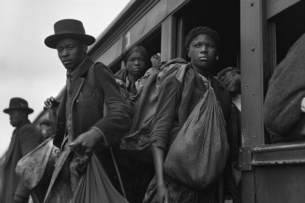 Escena con personas afroamericanas moviéndose en el área rural en los viejos tiempos