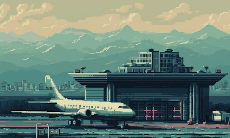 Foto gratuito escena de píxeles de gráficos de 8 bits con aeropuerto.