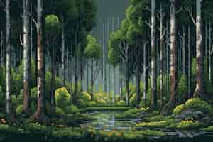 Foto gratuita escena de píxeles de gráficos de 8 bits con bosque.