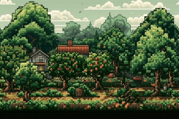 Escena de píxeles de gráficos de 8 bits con casa y árboles.