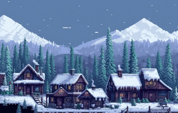 Escena de píxeles de gráficos de 8 bits con casa en invierno