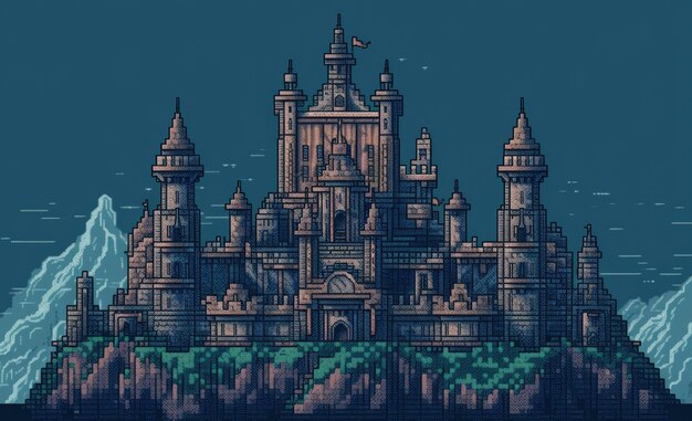 Escena de píxeles de gráficos de 8 bits con castillo.