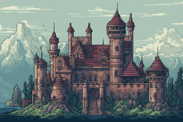 Escena de píxeles de gráficos de 8 bits con castillo.