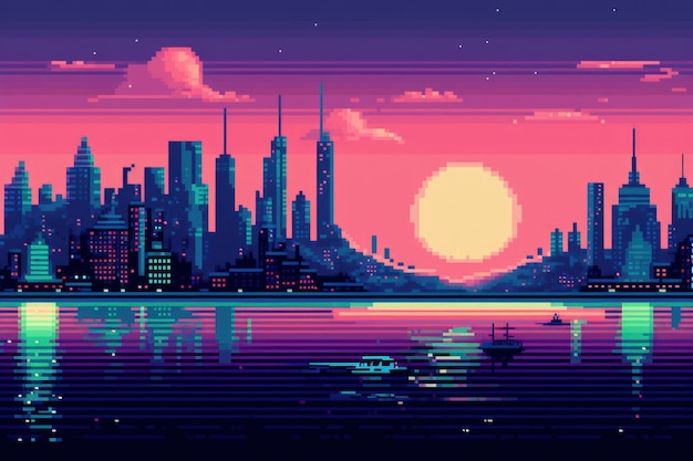 Foto gratuita escena de píxeles de gráficos de 8 bits con ciudad al atardecer