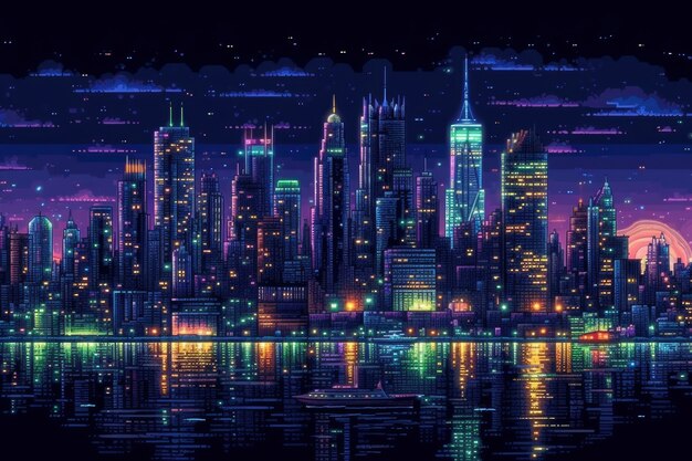 Escena de píxeles de gráficos de 8 bits con ciudad y noche.