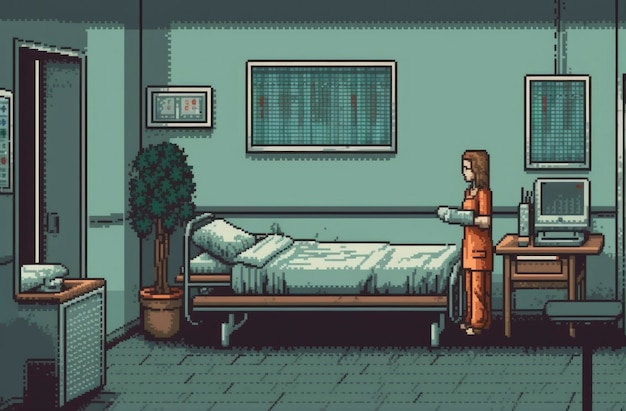 Escena de píxeles de gráficos de 8 bits con enfermera en el hospital