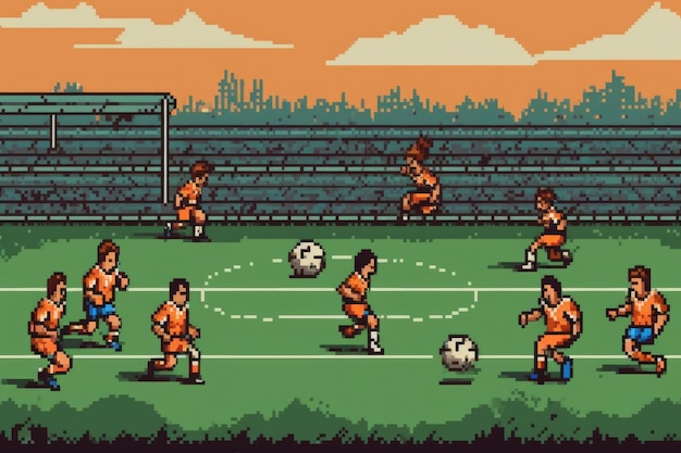 Escena de píxeles de gráficos de 8 bits con jugadores de fútbol.