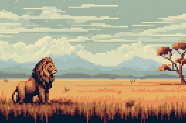 Escena de píxeles de gráficos de 8 bits con león.
