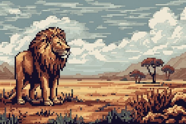 Escena de píxeles de gráficos de 8 bits con león.