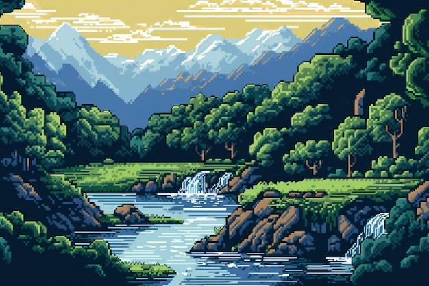 Foto gratuita escena de píxeles de gráficos de 8 bits con naturaleza.