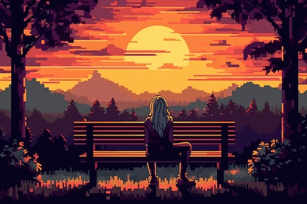 Escena de píxeles de gráficos de 8 bits con una persona en un banco al atardecer