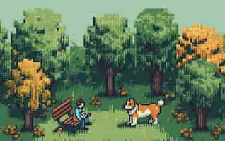 Foto gratuita escena de píxeles de gráficos de 8 bits con una persona paseando a un perro en el parque