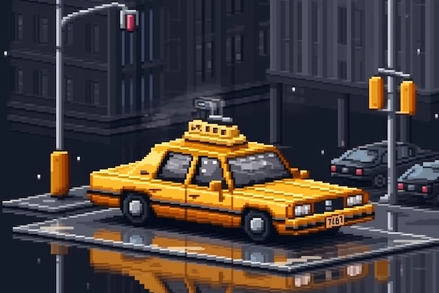 Escena de píxeles de gráficos de 8 bits con taxi.