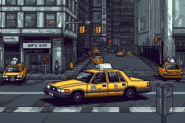Escena de píxeles de gráficos de 8 bits con taxi.