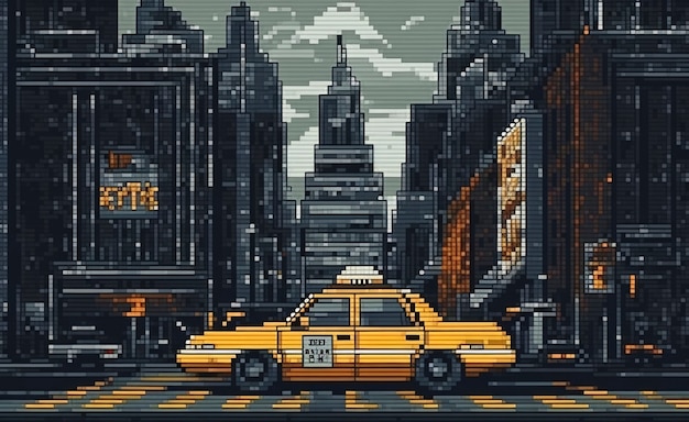 Escena de píxeles de gráficos de 8 bits con taxi.