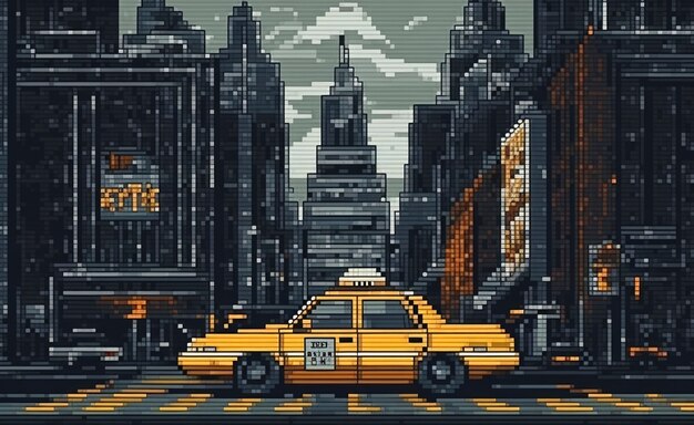 Escena de píxeles de gráficos de 8 bits con taxi.