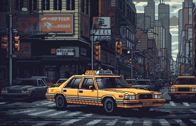 Escena de píxeles de gráficos de 8 bits con taxi.