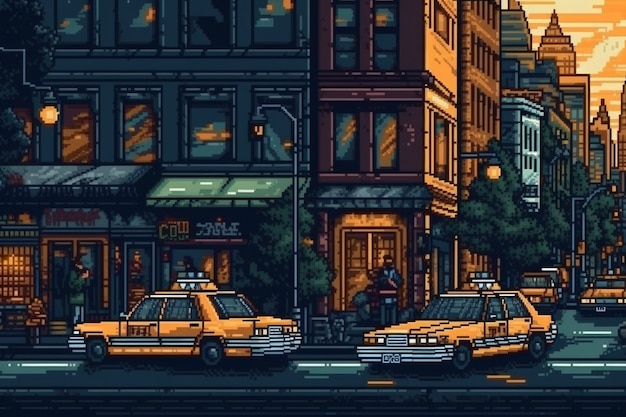 Escena de píxeles de gráficos de 8 bits con taxi.