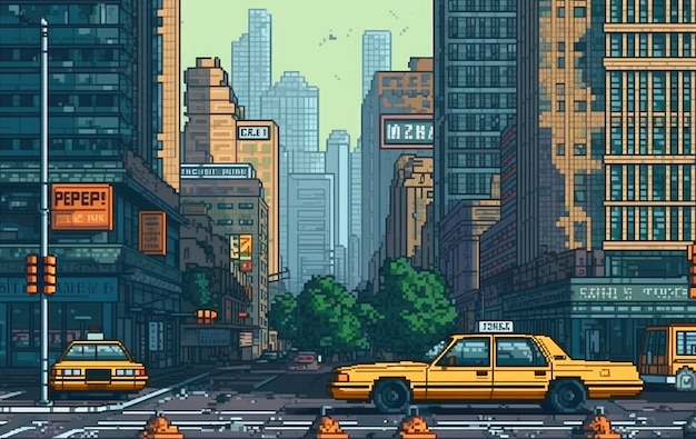 Escena de píxeles de gráficos de 8 bits con taxi.