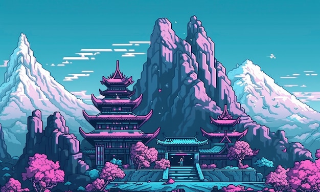 Escena de píxeles de gráficos de 8 bits con templo y montañas.
