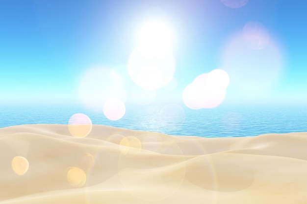 Escena de playa soleada 3D con luces bokeh