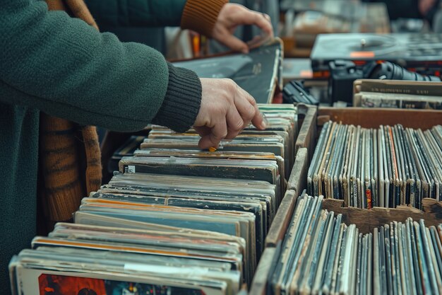 Escena realista con discos de vinilo en una venta de patio del vecindario