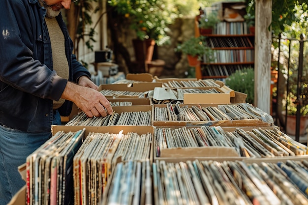 Foto gratuita escena realista con discos de vinilo en una venta de patio del vecindario