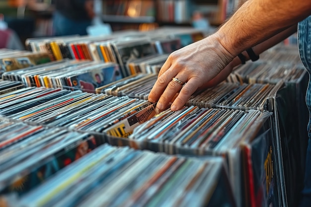 Escena realista con discos de vinilo en una venta de patio del vecindario