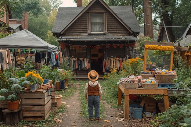 Escena realista con un niño pequeño en una venta de patio del vecindario