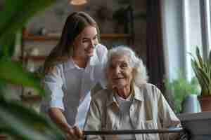 Foto gratuita escena realista con un trabajador de la salud cuidando a un paciente anciano