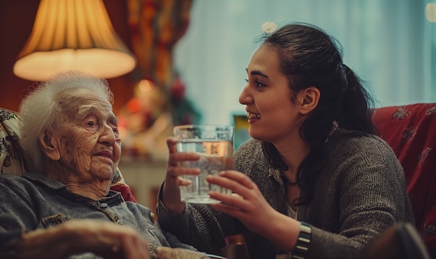 Escena realista con un trabajador de la salud cuidando a un paciente anciano