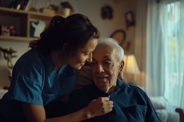 Foto gratuita escena realista con un trabajador de la salud cuidando a un paciente anciano