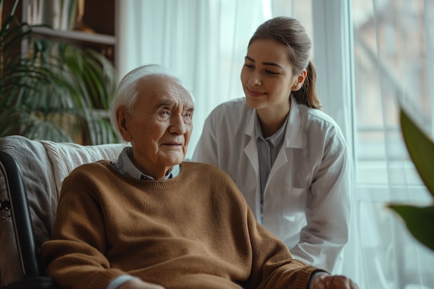 Foto gratuita escena realista con un trabajador de la salud cuidando a un paciente anciano