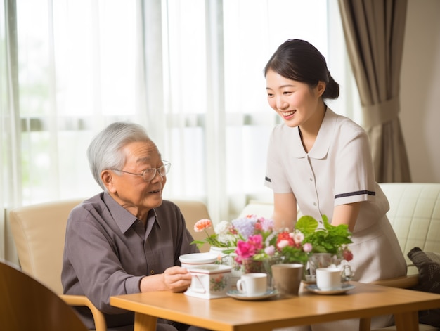 Foto gratuita escena realista con un trabajador de la salud cuidando a un paciente anciano