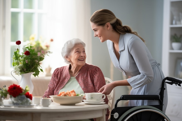 Escena realista con un trabajador de la salud cuidando a un paciente anciano