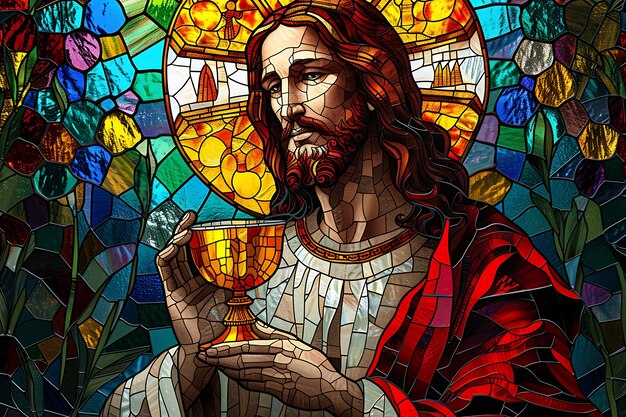 Escena religiosa de la santa comunión representada en vidrieras de colores
