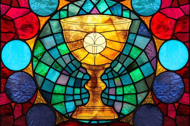 Escena religiosa de la santa comunión representada en vidrieras de colores