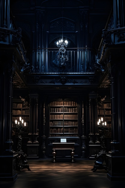 Escena de terror con una biblioteca extraña