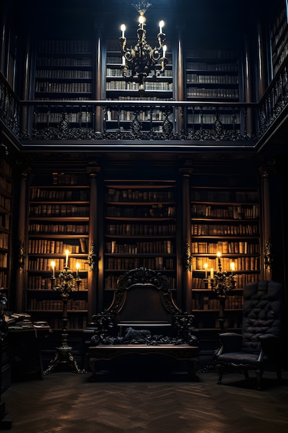 Escena de terror con una biblioteca extraña