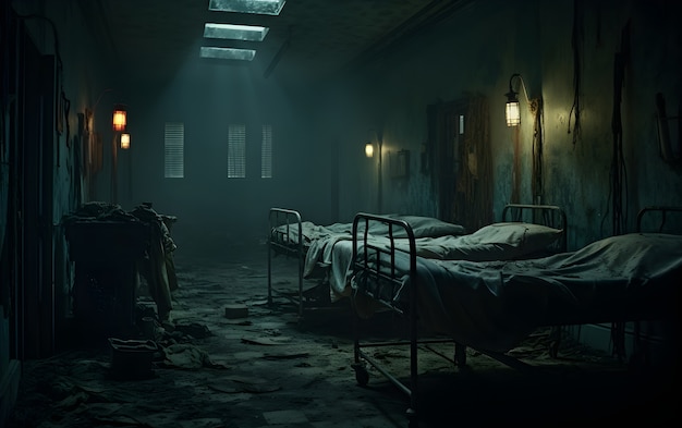 Escena de terror con un hospital misterioso