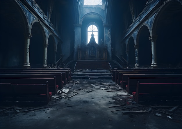 Escena de terror con una iglesia misteriosa