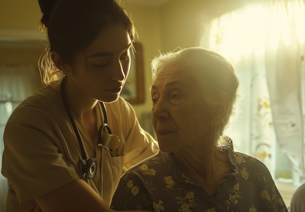 Foto gratuita escena de trabajo de atención con un paciente anciano que es atendido