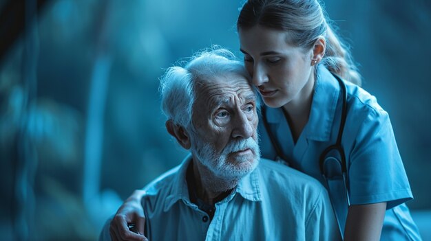 Escena de un trabajo de cuidado con un paciente mayor que está siendo atendido