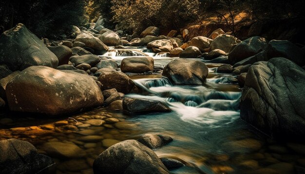 Escena tranquila agua que fluye la belleza de la naturaleza brilla intensamente generada por IA