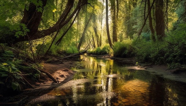 Escena tranquila de agua que fluye en el bosque generada por IA