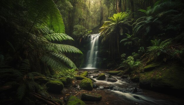 Escena tranquila de agua que fluye en el bosque generada por IA