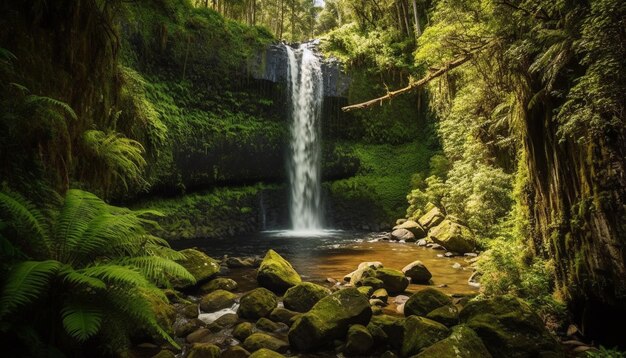 Escena tranquila de agua que fluye en el bosque generada por IA