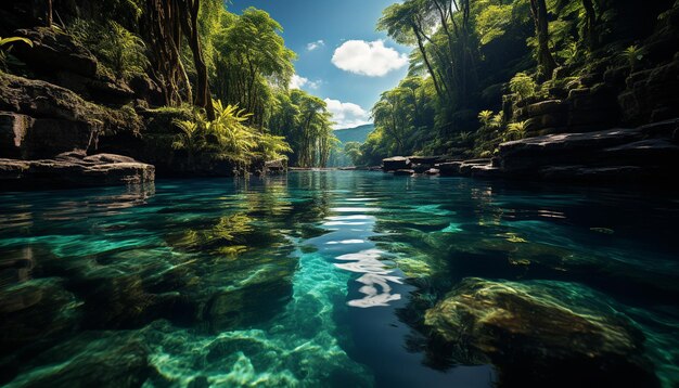 Escena tranquila de agua que fluye en un paraíso de selva tropical generada por inteligencia artificial